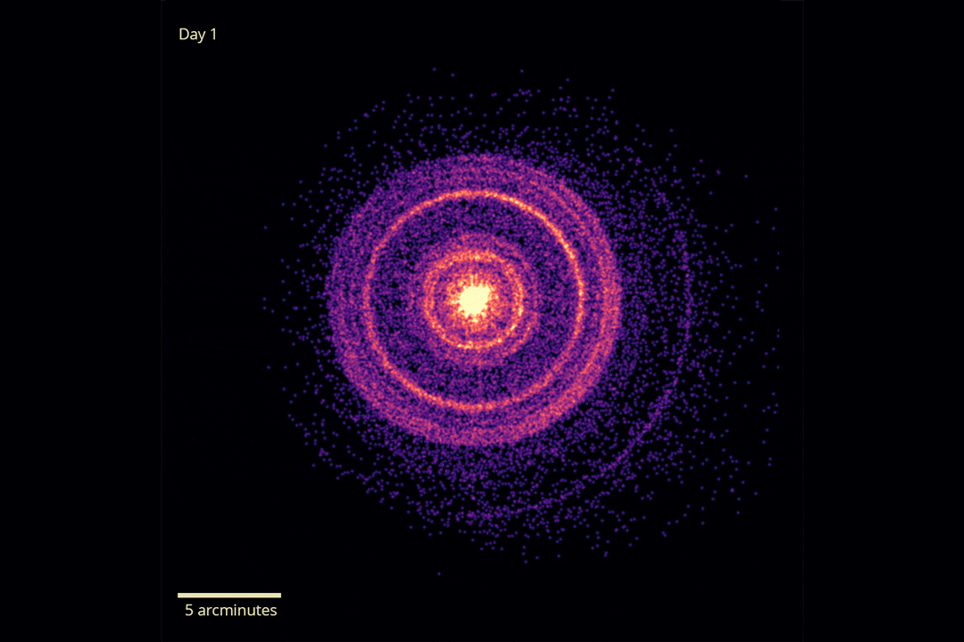 X-rays from the first flash of GRB 221009A could be detected for weeks as dust in the galaxy scattered light back to observers, appearing as a set of expanding rings. This gif shows the shapes captured by a NASA X-ray telescope. (NASA/Swift/A. Beardmore)