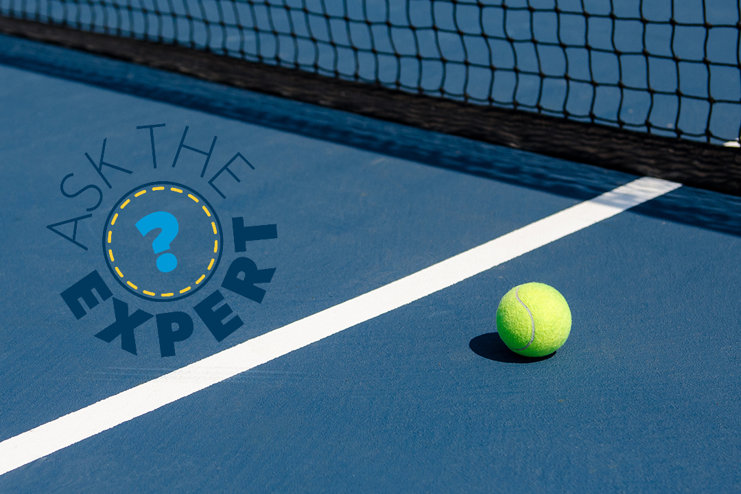 An image of a tennis ball rolling on a blue tennis court, with the words "Ask the Expert"