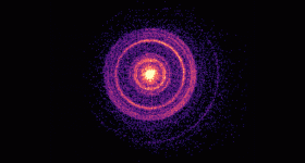 X-rays from the first flash of GRB 221009A could be detected for weeks as dust in the galaxy scattered light back to observers, appearing as a set of expanding rings. This gif shows the shapes captured by a NASA X-ray telescope. (NASA/Swift/A. Beardmore)